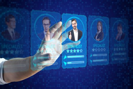 Online recruitment application and one day specialist online search service concept with male hands using virtual profile cards, containing ratings and candidate photos on blurry blue background