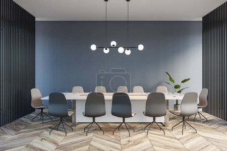 Modern meeting room office interior with wooden flooring. 3D Rendering