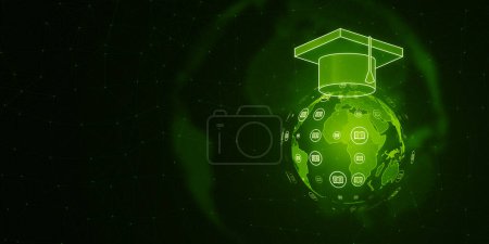 Una ilustración digital de una gorra de graduación en un mundo con iconos educativos, en un estilo de marco de alambre sobre un fondo verde oscuro, que simboliza el concepto de educación global. Renderizado 3D