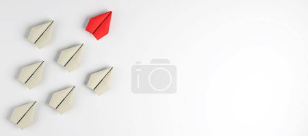 Multiple paper airplanes on a white background with one red airplane leading, symbolizing leadership and uniqueness. 3D Rendering