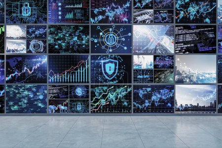Mehrere Bildschirme für Cybersicherheit und Finanzdaten an einer Wand, dargestellt in modernem grafischen Stil, mit gefliestem Fußbodenhintergrund, Konzept der Überwachung. 3D-Rendering