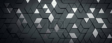 Abstraktes Muster aus schwarzen und grauen Dreiecken auf einer nahtlosen Oberfläche, das ein modernes und kreatives Design auf dunklem Hintergrund repräsentiert, Konzept der geometrischen Tapete. 3D-Rendering