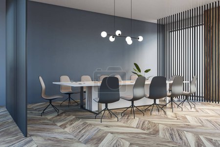 Contemporary meeting room office interior with wooden flooring. 3D Rendering