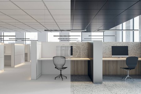 Clean coworking office interior sketch project with partitions and workplaces, window with city view and daylight. 3D Rendering