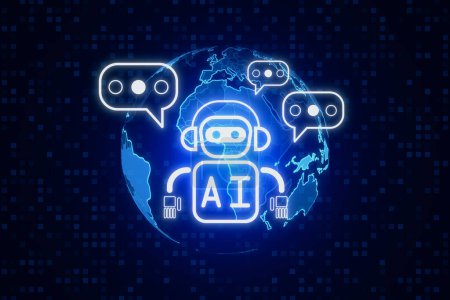 Creative glowing robot and globe ai hologram on dark blue pixels background. Machine learning, artificial intelligence and innovation concept. 3D Rendering