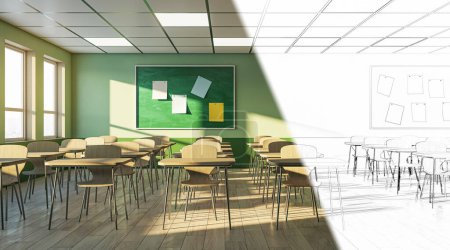 A modern classroom with wooden tables and chairs, half real and half drawing, on a wooden floor background, concept of design visualization. 3D Rendering