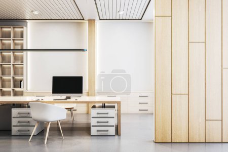Modernes Bürointerieur mit Schreibtisch, Computer, Stuhl und Regalen auf klarem Hintergrund, Arbeitsraumkonzept. 3D-Rendering