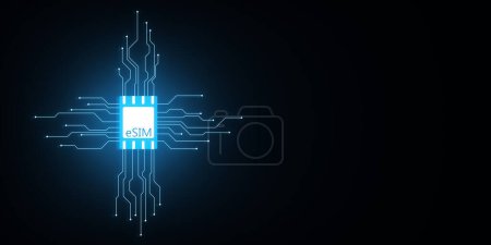 Foto de Icono de tarjeta de chip Esim con circuito en fondo oscuro con el lugar de la maqueta. Tarjeta SIM integrada tecnología móvil móvil concepto inteligente. Renderizado 3D - Imagen libre de derechos
