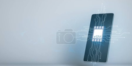 Nahaufnahme des Smartphones mit Esim-Chipkartensymbol mit Schaltung auf verschwommenem hellen Hintergrund mit Attrappe. Embedded sim card cellular mobile technology smart concept. 3D-Rendering
