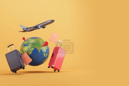Esenciales de viaje con un avión dando vueltas alrededor del mundo, indicativo de turismo global sobre un telón de fondo amarillo. Planificación de vacaciones. Renderizado 3D