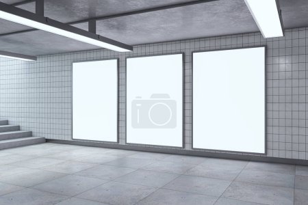 Moderno pasaje subterráneo con carteles simulados vacíos, lámparas de techo y escaleras. Pared de baldosas del metro. Renderizado 3D