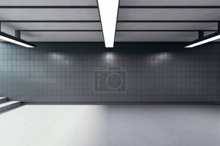 Moderno pasaje subterráneo con lámparas de techo y escaleras. Prepara el lugar. Pared de baldosas del metro. Renderizado 3D