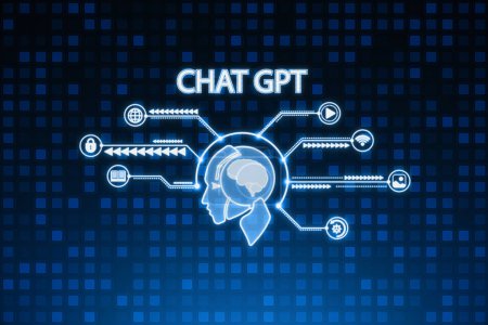 Creative chat GPT hologram with robot head and various icons on blurry backdrop. Chatgpt and bot computer. 3D Rendering