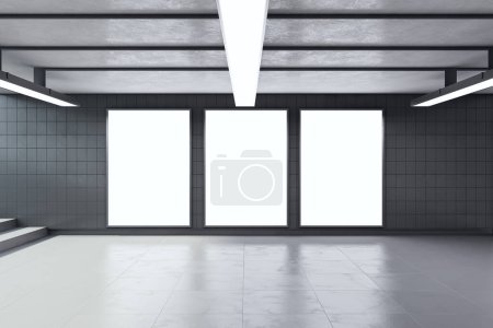 Moderne unterirdische Durchgänge mit leeren Attrappen, Deckenlampen und Treppen. U-Bahn-Fliesenwand. 3D-Rendering