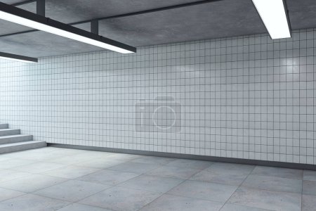 Brillante pasaje subterráneo con lámparas de techo y escaleras. Prepara el lugar. Pared de baldosas del metro. Renderizado 3D