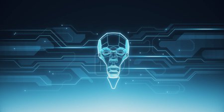Abstract robot head in the shape of light bulb on blue background with lines. Artificial intelligence and chat gpt concept. 3D Rendering
