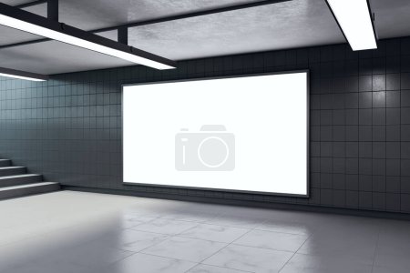 Modern underground passage with empty mock up poster, ceiling lamps and stairs. Subway tile wall. 3D Rendering