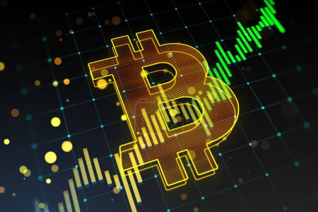 Photo for Creative growing green candlestick forex chart and bitcoin on blurry background. Trade and finance concept. 3D Rendering - Royalty Free Image