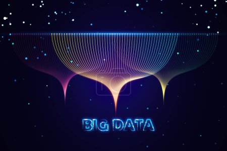 Concepto futurista de big data con líneas de neón brillantes y telón de fondo oscuro. Tecnología digital y flujo de información. Renderizado 3D