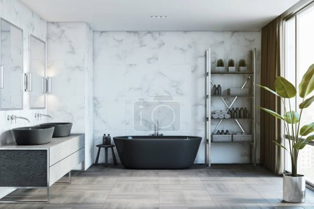 Modernes Bad aus Beton und Holz mit verschiedenen Objekten. 3D-Rendering