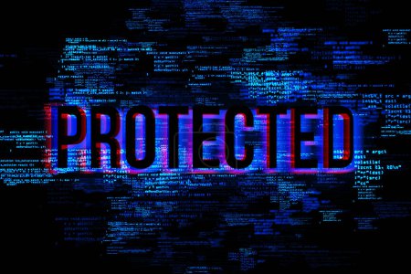 Bold 'PROTECTED' text over a secure code matrix background. Cyber defense concept. 3D Rendering