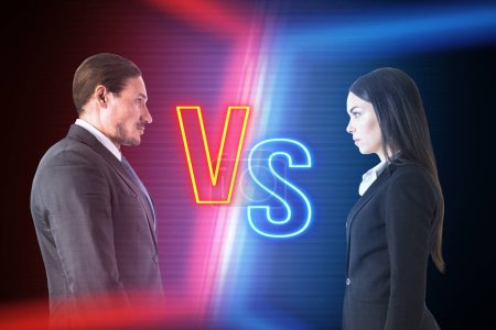 Two professionals in suits facing each other with a glowing 'VS' in between, symbolizing rivalry or debate