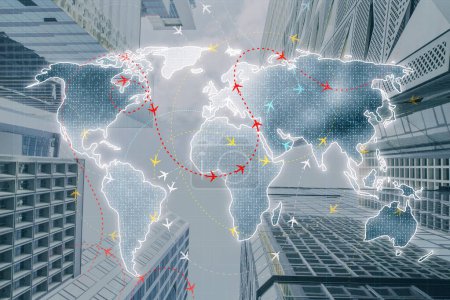 Mapa del mundo con rutas de vuelo sobre rascacielos destaca la conectividad global y los viajes internacionales