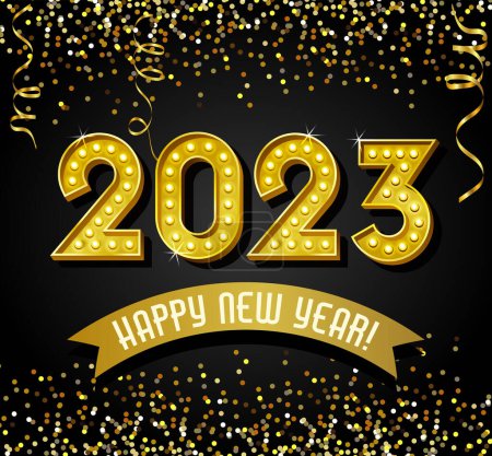Illustration for 2023 Happy New Year design with vintage gold light bulb letters, glitter, confetti and streamers. For greeting cards, social media, banners, posters. - Royalty Free Image
