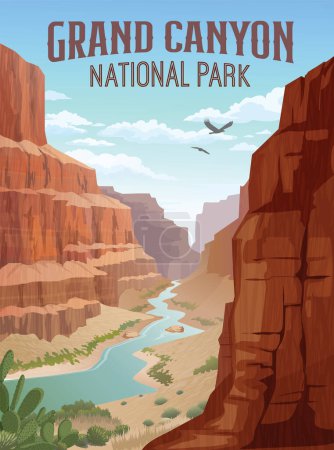 Cartel del Parque Nacional del Gran Cañón con paredes de cañón y río Colorado. Ilustración vectorial.