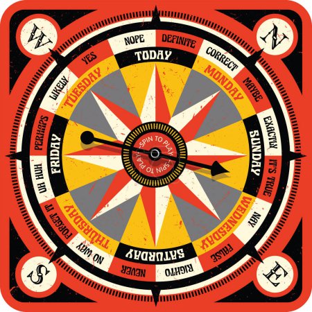 Illustration for Vintage style game board with spinning arrow. Ask a question, spin and get an answer. Vector illustration for websites, games, print artwork. - Royalty Free Image