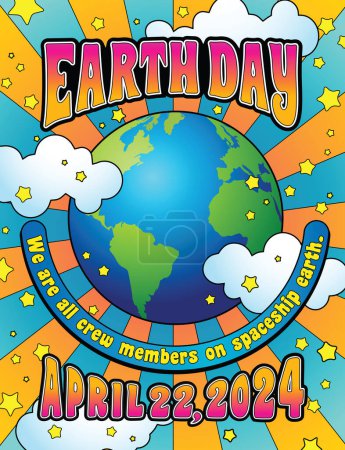Coloré Jour de la Terre 2024 design avec planète terre, pour affiche, médias sociaux, ou bannière dans le style rétro hippie psychédélique. Illustration vectorielle
