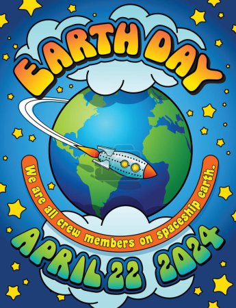 Coloré Jour de la Terre 2024 design avec planète terre, pour affiche, médias sociaux, ou bannière dans le style rétro hippie psychédélique. Illustration vectorielle