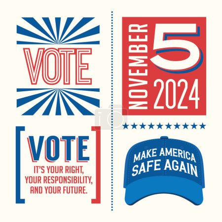 2024 Vereinigte Staaten Wahl motivierende Phrasen, um zur Stimmabgabe bei der Wahl im November 2024 zu ermutigen. Saving Democracy, für Web-Banner, Karten, Poster, Aufkleber, soziale Medien