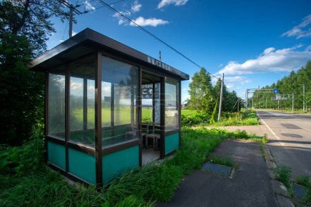 Photo for Obihiro, Hokkaido, Japan - August 17, 2023 - Scene of Kofuku bus stop at Kofuku Station, a closed railway station and now remains a popular sightseeing spot because of its name means happiness - Royalty Free Image