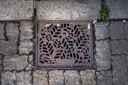 Photo for Obihiro, Tokachi Subprefecture, Hokkaido, Japan - August 17, 2023 - Scene of manhole cover engraved with symbol and attractive of Obihiro - Royalty Free Image