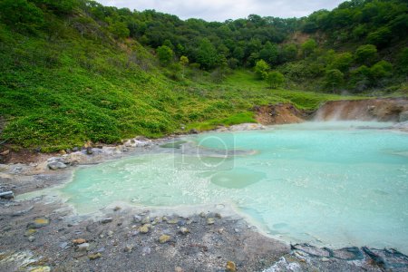 Foto de Oku no Yu en Jigokudani, o nombrado Valle del Infierno como la característica de los respiraderos de vapor caliente, arroyos sulfurosos y otra actividad volcánica, Noboribetsu, Hokkaido, Japón - Imagen libre de derechos