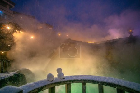 Yubatake hot spring in the center of Kusatsu town, one of the most famous hot springs resorts in Japan, Gunma