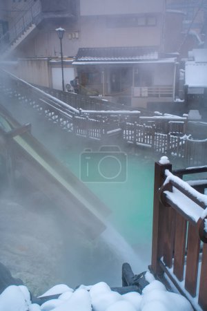 Yubatake hot spring in the center of Kusatsu town, one of the most famous hot springs resorts in Japan, Gunma