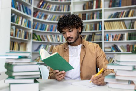 A dedicated student engrossed in reading a book, surrounded by piles of textbooks, diligently preparing for upcoming exams in the quiet atmosphere of a university library.