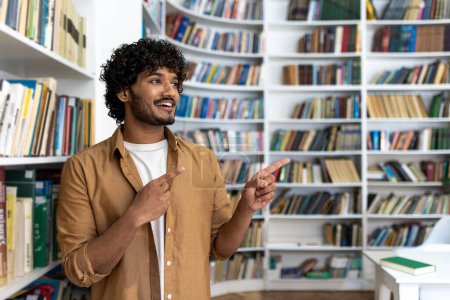 Photo for A person stands in a library, surrounded by shelves lined with books. Their posture and finger pointing gesture suggest they are confident, possibly in the middle of giving an explanation or - Royalty Free Image