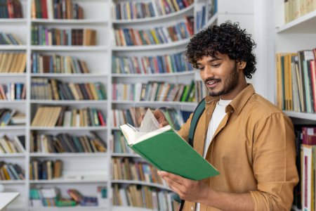 Ein erwachsener Mann steht in einer gut beleuchteten Bibliothek und liest ein grünes Buch. Bücherregale mit verschiedenen Büchern umgeben ihn, was eine ruhige Atmosphäre für Studium und Literaturrecherche suggeriert..