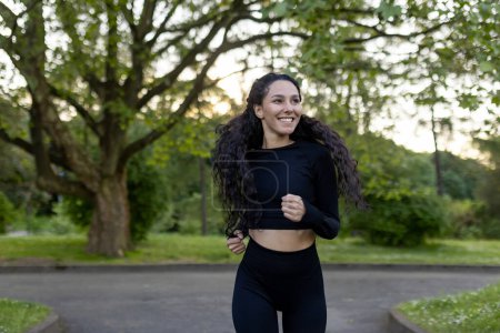 A joyful Hispanic woman in athletic wear running in a park during the evening. Captured with a focus on health, happiness, and nature.