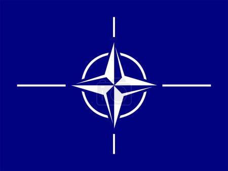 Foto de Bandera OTAN. pancarta azul horizontal rectangular con una estrella blanca de cuatro puntas (rosa de viento) y líneas blancas divergentes. - Imagen libre de derechos