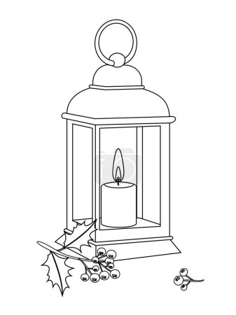 Foto de Lámpara antigua con una vela encendida y bayas de acebo con un contorno negro para colorear. Ilustración navideña de una postal con fondo blanco. - Imagen libre de derechos