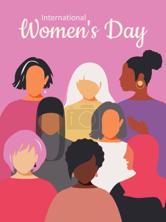 Foto de Día Internacional de la Mujer. Mujeres de diferentes edades, nacionalidades y religiones se unen. Cartel vertical rosa púrpura. - Imagen libre de derechos
