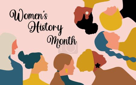 Foto de Women's History Month. Women of different ages, nationalities and religions come together. Pink horizontal poster. - Imagen libre de derechos