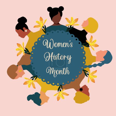 Foto de Women's History Month. Women of different ages, nationalities and religions come together. Pink poster. - Imagen libre de derechos
