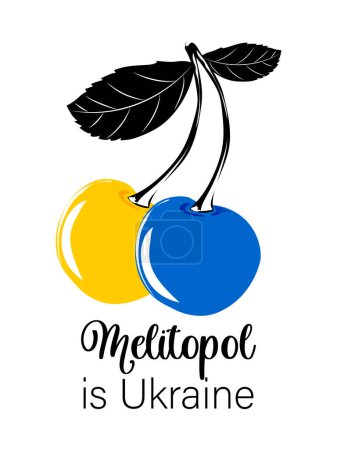 Foto de Amarillo y azul cerezas dulces con hojas sobre un fondo blanco con el texto Melitopol es Ucrania. - Imagen libre de derechos