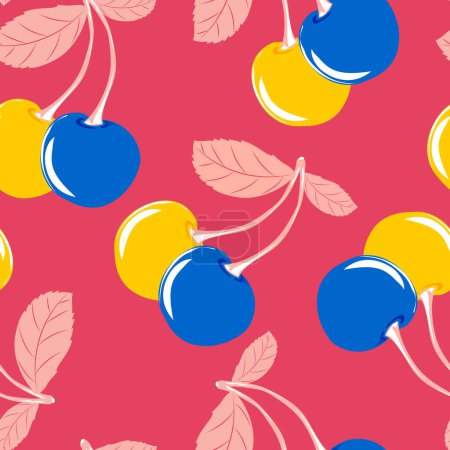 Photo for Yellow and blue cherries with leaves on a pink background. Berry background. Seamless cute pattern with sweet cherry. - Royalty Free Image