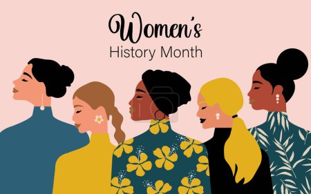 Foto de Women's History Month. Women of different ages, nationalities and religions come together. Pink horizontal poster. - Imagen libre de derechos